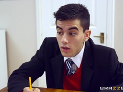 Long-legged teacher spreads stockinged legs to orgasm