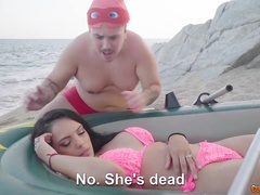 Horny busty beach babe Katrina Moreno keeps working on two cocks