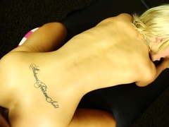 A blonde that has big nipples on her large tits rides a bif dick