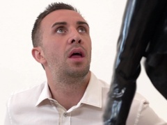 A fine ass bitch is getting a pole shoved into her cunt on the pillows