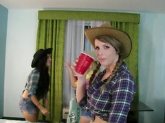 Three good friends are having a party with some men on the bed