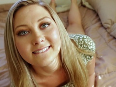Peach caresses little pecker in front of the POV camera