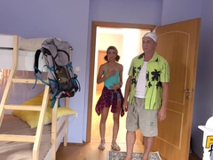 A tiny titted slender teen is fucked hard in the hostel room