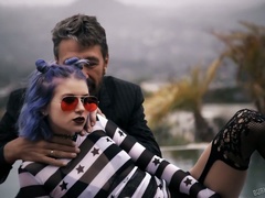 Purple haired slutty Arya Fae is fond of riding strong cock on top