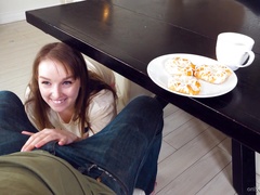 Blue eyed teen cutie Cleo Clementine sucks cock and licks balls