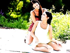 Slim MILF Seduces Skinny Latina Girl to Lesbian Sex on Beach