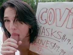 Teen improves business by sucking and riding dick near pool