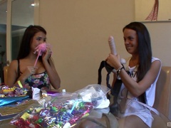 Rahyndee James and Abigail Mac have a blast in a lesbian threesome