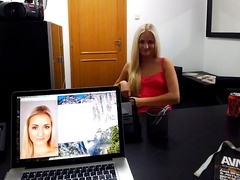 Beautiful blonde hottie gives a passionate blowjob on the knees
