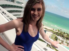 Sassy brunette Mia Mae is ready to show you her shaved pussy