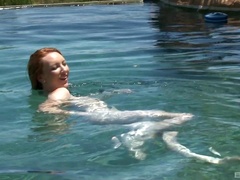 Redhead teen babe Katy Kiss sucks and fucks by the pool outdoors