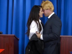 A sexy brunette is taking care of the horny pussy grabber