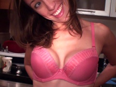 Tight holes of a splendid brunette fucked on the kitchen floor