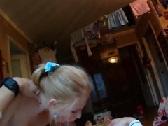 Petite blonde Amber Daikiri blows a fine penis