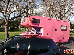 Chesty blonde babe gets muff licked and pounded