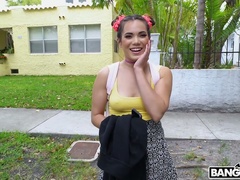 After flashing her big boobs in the car torrid Keilani Kita gets pile driven