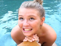 Most desirable senorita going full naked by the blue pool