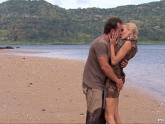 Justine Ashley gets fucked hard by three men on a beach