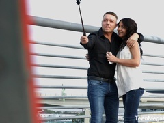 Russian brunette gal with small tits Roxy Sky gets rid of jeans and rides dick