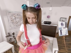 Ardent pigtailed girl Alita Angel loves petting her wet pussy