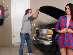 Dark haired brunette gets rammed so hard in the garage