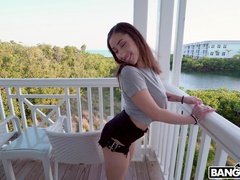 Horny room-mate Kira Perez masturbates and rides in reverse cowgirl