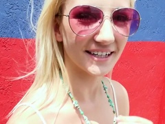 Sweet blonde earns some cash by sucking dick on the street