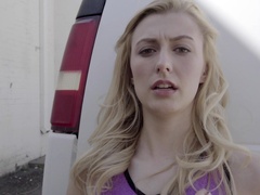 Blonde girl Alexa Grace having fun with a long dong outdoors