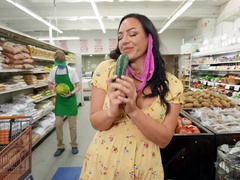 MILF gets laid down at the grocery store with a young boy