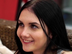 A bitch with black hair is riding a cock and she is giggling too