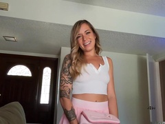 Pierced hottie Rory Knox gives a blowjob and rides his stiff stick