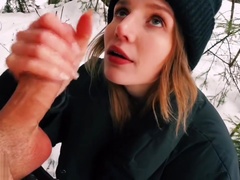 Blowjob outdoors in winter, pussy cute teen fucked in the forest - Red Fox