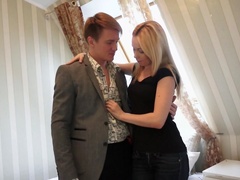 Amazing blonde is giving hot blowjob to her husband