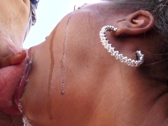 Slobbering black cock sluts give his white dick a double blowjob