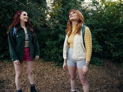 Two busty lesbians Lacy Lennon and Aria Carson masturbate near the tent