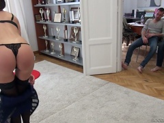 two furious dudes fuck Hazel Dew with no mercy and feed her with sperm