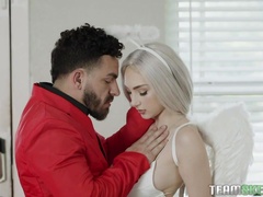 Sexy fallen angel with juicy big boobs is ready for wild missionary sex