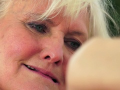 A fat old chick gets her pussy licked by a cute brunette teen