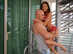 Bald boyfriend cums on Asian girl's face after anal copulation