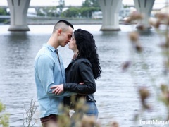 Big pussy lips of Russian brunette Black Angel are stretched by aroused stud