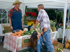 Eva Lovia fucked in public by two horny men