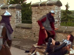 Slender redhead hottie gets banged outside by three men