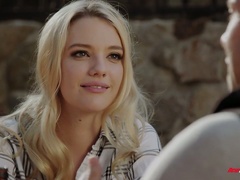 Lovely looking auburn babe Kenna James bends over for some good doggy fuck