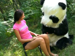 Playful brunette teen Molly undresses in front of guy in Panda costume