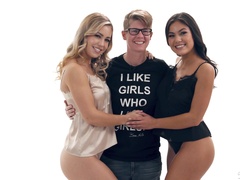 Nerdy buddy has invited Alina Lopez and her sexy friend for lesbian fun