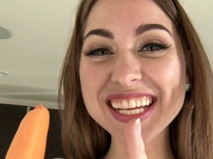 A blue eyed princess with a pretty mouth does some sucking