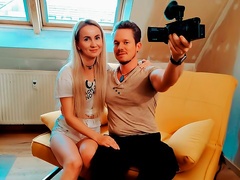 Slim blonde with pretty small tits Tania Swank jumps on a big penis